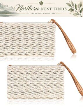 Straw Clutch Wristlet Set 2pc Summer Beach Bag Bohemian Purse
